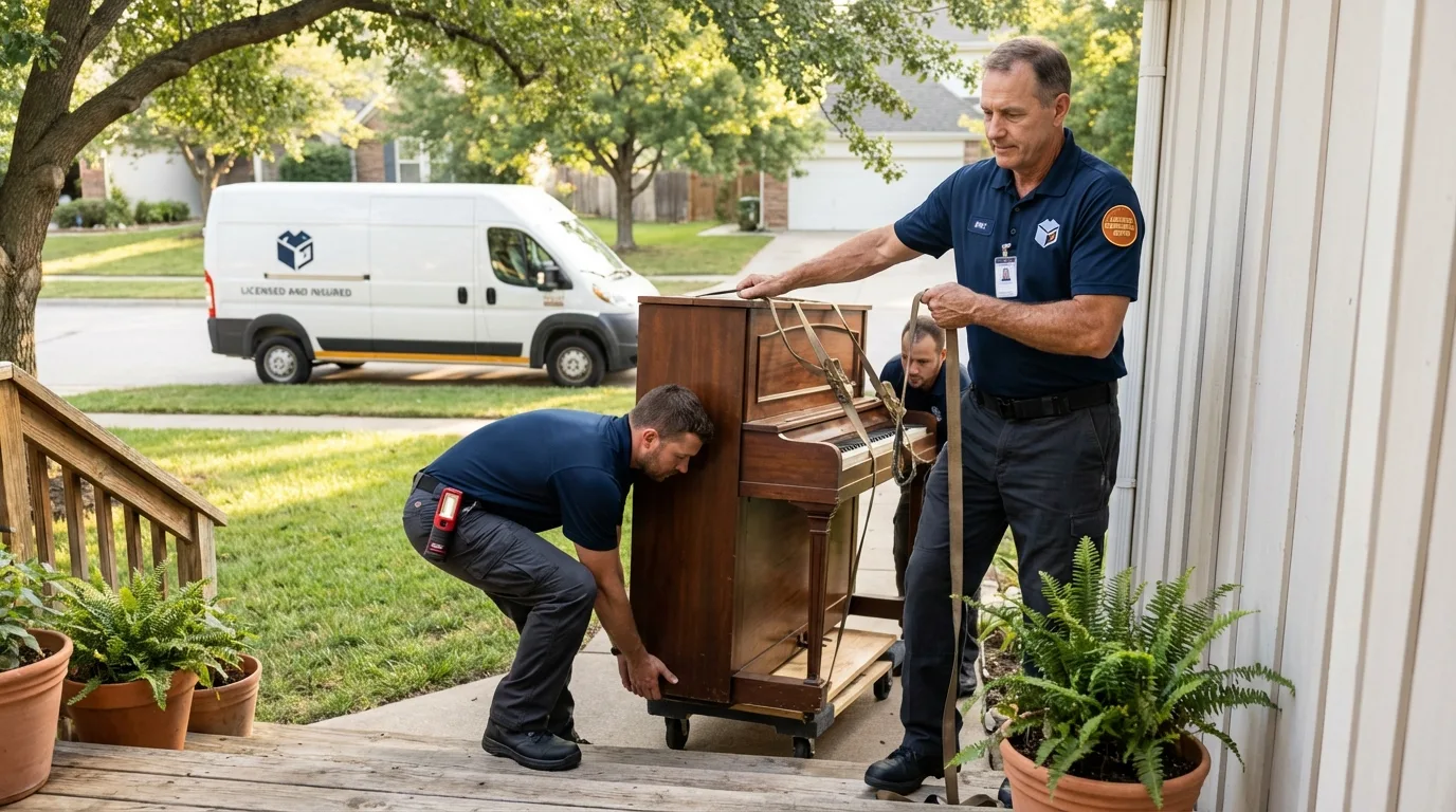Licensed piano movers securing grand piano in Audubon, NJ