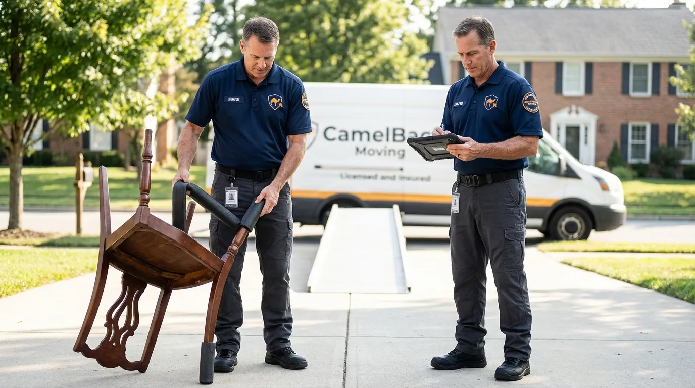 Movers inspecting furniture for damage prevention before loading in Audubon, NJ