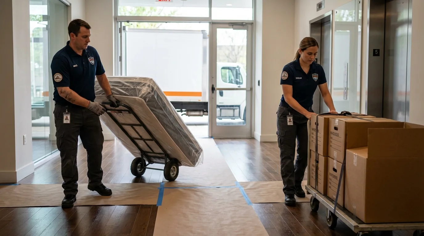 Professional apartment movers loading elevator in Audubon, NJ